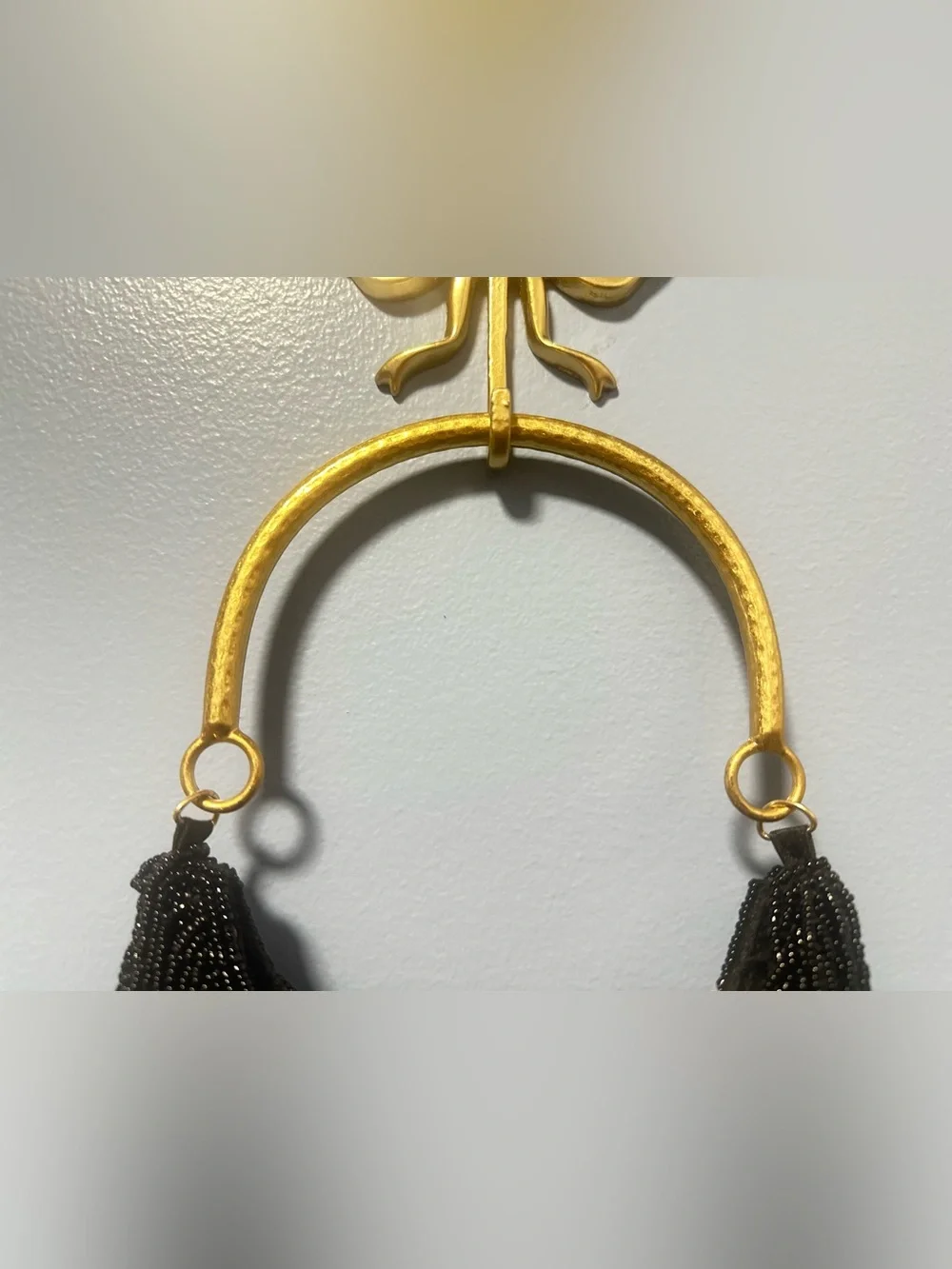 Black Beaded Fringe Party Bag Brass Handle NWT